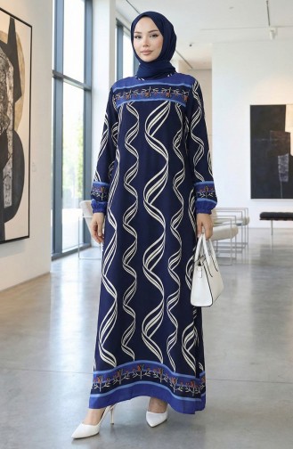 فستان من قماش الفيسكوز بأكمام مرنة 0031-05 أزرق داكن 0031-05