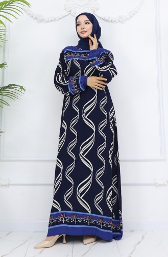 فستان من قماش الفيسكوز بأكمام مرنة 0031-05 أزرق داكن 0031-05