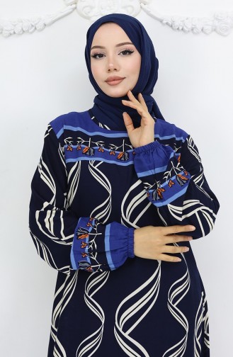 فستان من قماش الفيسكوز بأكمام مرنة 0031-05 أزرق داكن 0031-05