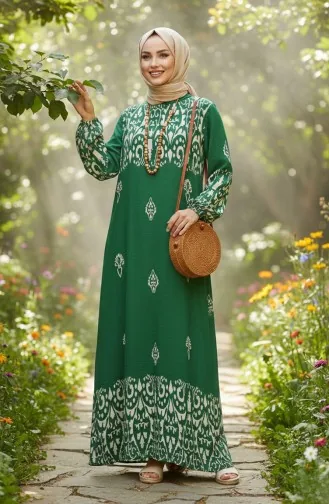 Viskon Kumaş Desenli Elbise 0060-02 Zümrüt Yeşili