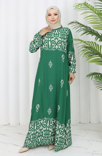 Viskon Kumaş Desenli Elbise 0060-02 Zümrüt Yeşili