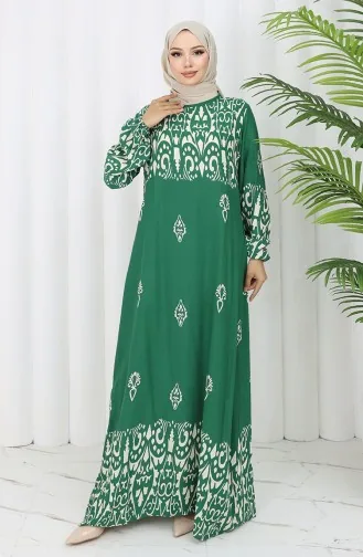 Viskon Kumaş Desenli Elbise 0060-02 Zümrüt Yeşili