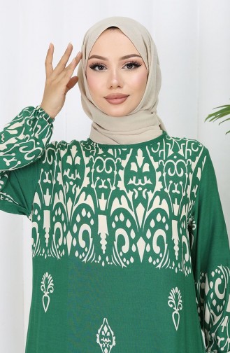 Viskon Kumaş Desenli Elbise 0060-02 Zümrüt Yeşili