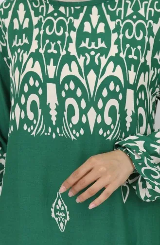 Viskon Kumaş Desenli Elbise 0060-02 Zümrüt Yeşili