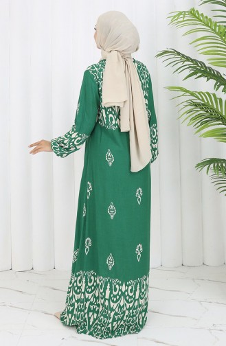 Viskon Kumaş Desenli Elbise 0060-02 Zümrüt Yeşili