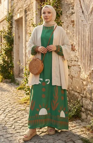 Robe à Motifs Avec Manches élastiques 0084-05 Vert 0084-05
