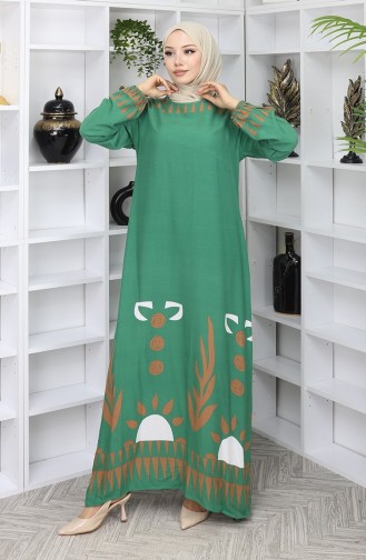 Kolu lastikli Desenli Elbise 0084-05 Yeşil