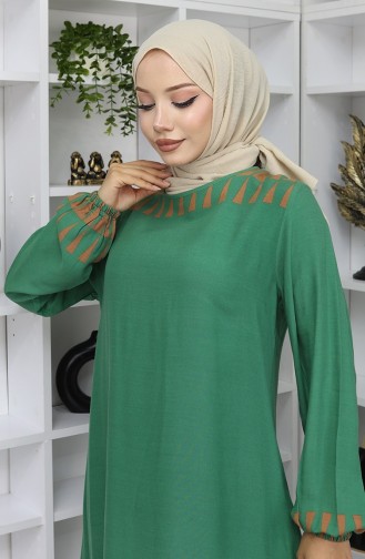 Kolu lastikli Desenli Elbise 0084-05 Yeşil