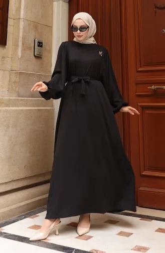 Brooch Lace Detailed Corduroy Hijab Dress 0220-01 Black 0220-01