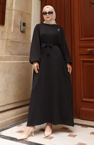 Brooch Lace Detailed Corduroy Hijab Dress 0220-01 Black 0220-01