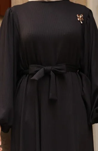 Brooch Lace Detailed Corduroy Hijab Dress 0220-01 Black 0220-01