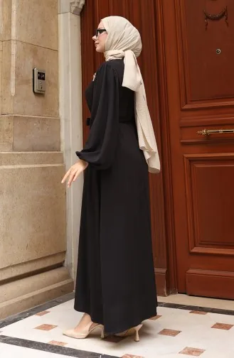 Brooch Lace Detailed Corduroy Hijab Dress 0220-01 Black 0220-01