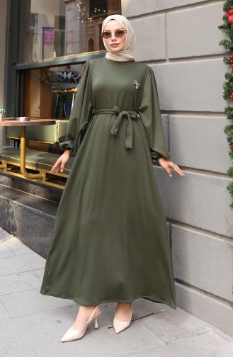 Brooch Lace Detailed Ribbed Hijab Dress 0220-02 Khaki 0220-02