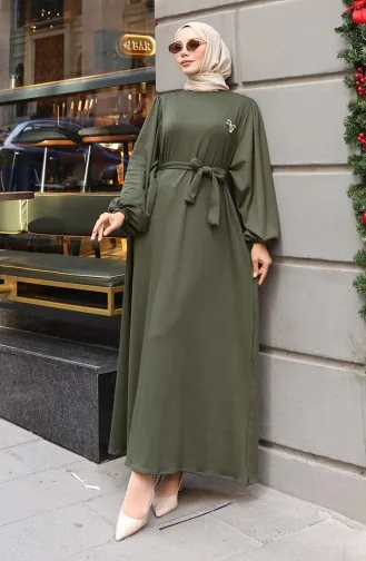 Hijab-Kleid Mit Broschenspitze Und Rippstrickdetails 0220-02 Khaki 0220-02