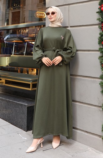 Brooch Lace Detailed Ribbed Hijab Dress 0220-02 Khaki 0220-02