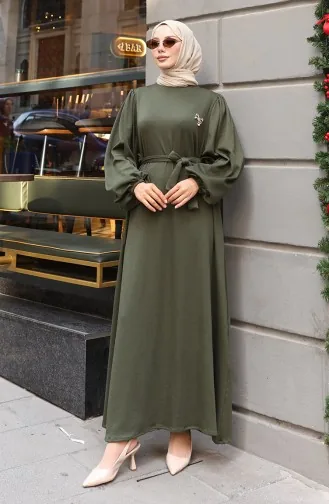 Hijab-Kleid Mit Broschenspitze Und Rippstrickdetails 0220-02 Khaki 0220-02