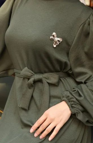 Hijab-Kleid Mit Broschenspitze Und Rippstrickdetails 0220-02 Khaki 0220-02