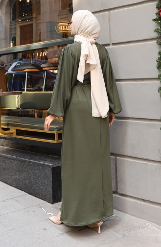 Brooch Lace Detailed Ribbed Hijab Dress 0220-02 Khaki 0220-02