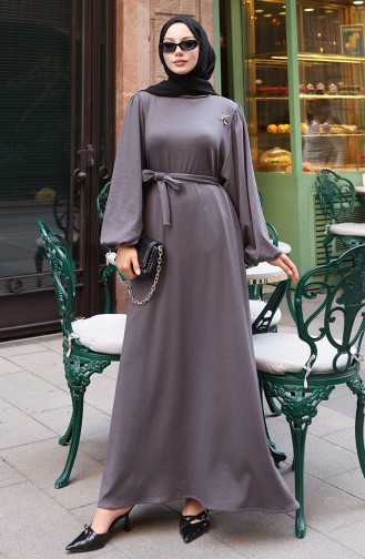 Robe Hijab En Velours Côtelé Anthracite Ornée De Dentelle Et De Broches 0220-03 0220-03