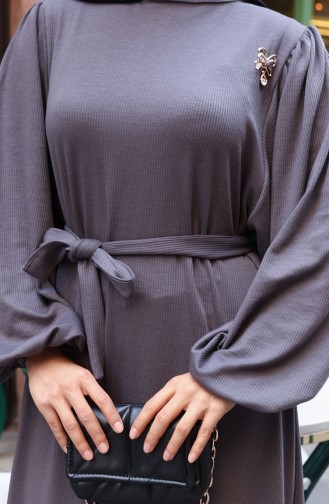 Robe Hijab En Velours Côtelé Anthracite Ornée De Dentelle Et De Broches 0220-03 0220-03