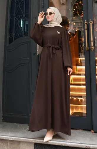 Brooch Lace Detailed Corduroy Hijab Dress 0220-04 Brown 0220-04