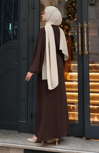Brooch Lace Detailed Corduroy Hijab Dress 0220-04 Brown 0220-04