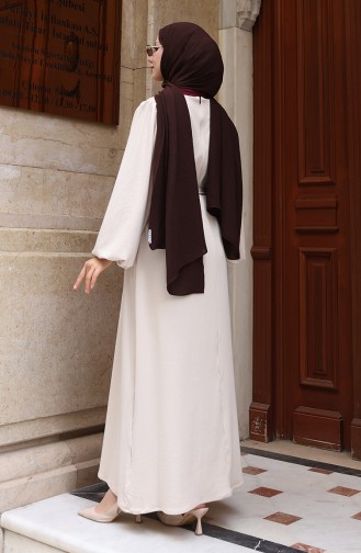 Robe Hijab Côtelée Ornée De Dentelle Et De Broches 0220-05 Beige 0220-05