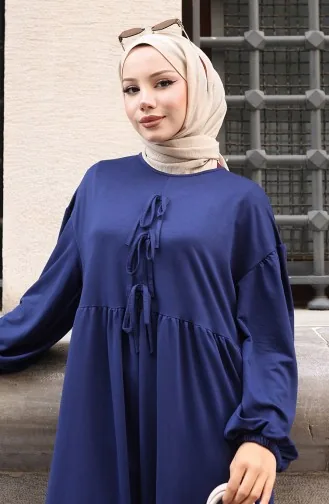 Robe Hijab Confortable à La Coupe Ornée De Dentelle 2171-05 Bleu Marine 2171-05
