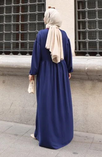 Robe Hijab Confortable à La Coupe Ornée De Dentelle 2171-05 Bleu Marine 2171-05