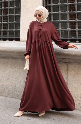 Robe Hijab Confortable à La Coupe Ornée De Dentelle 2171-06 Marron 2171-06
