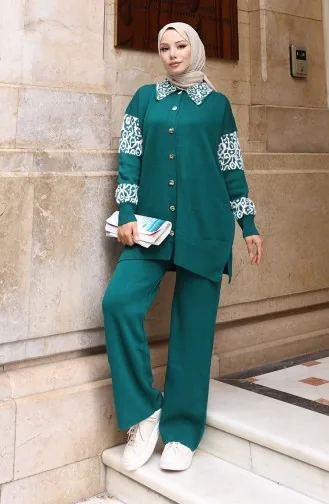 Ensemble Deux Pièces En Maille Tunique Boutonnée Et Ornée Pantalon 1020-09 Pétrole 1020-09