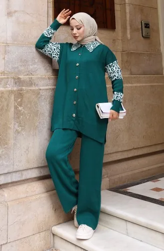 Ensemble Deux Pièces En Maille Tunique Boutonnée Et Ornée Pantalon 1020-09 Pétrole 1020-09