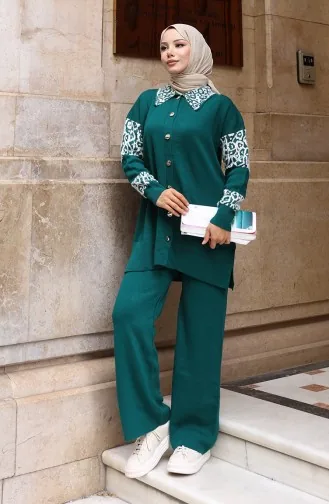 Ensemble Deux Pièces En Maille Tunique Boutonnée Et Ornée Pantalon 1020-09 Pétrole 1020-09