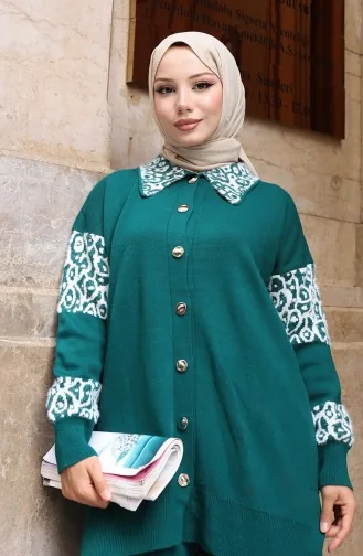 Ensemble Deux Pièces En Maille Tunique Boutonnée Et Ornée Pantalon 1020-09 Pétrole 1020-09