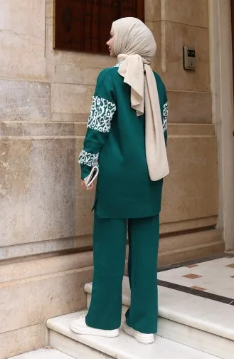 Ensemble Deux Pièces En Maille Tunique Boutonnée Et Ornée Pantalon 1020-09 Pétrole 1020-09