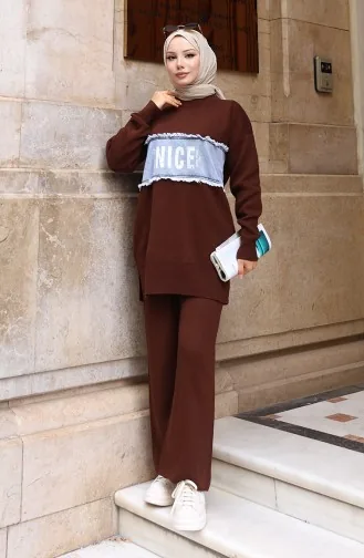 طقم تونيك وبنطلون جينز محبوك من قطعتين، 1094-06 بني 1094-06