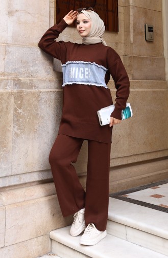 طقم تونيك وبنطلون جينز محبوك من قطعتين، 1094-06 بني 1094-06