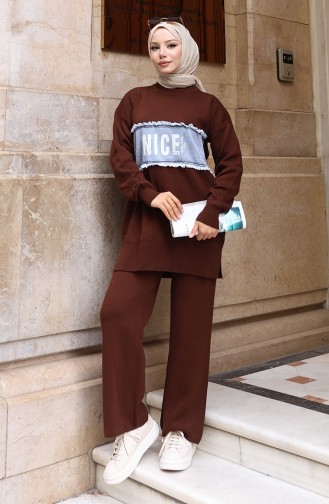 طقم تونيك وبنطلون جينز محبوك من قطعتين، 1094-06 بني 1094-06