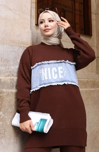 طقم تونيك وبنطلون جينز محبوك من قطعتين، 1094-06 بني 1094-06