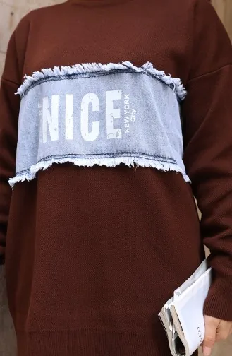 طقم تونيك وبنطلون جينز محبوك من قطعتين، 1094-06 بني 1094-06