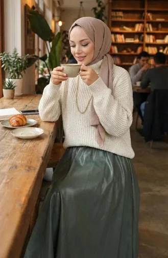 Jupe En Satin à Taille élastique 0202-01 Vert Moisissure 0202-01