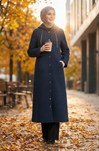 Zincir Detaylı Kapüşonlu Kapitone Kaban 0215-01 Lacivert