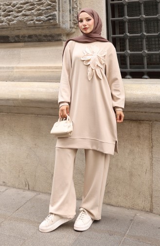 Oysho Fabric Flower Appliqued Hijab Two Piece Suit 0214-01 Beige 0214-01