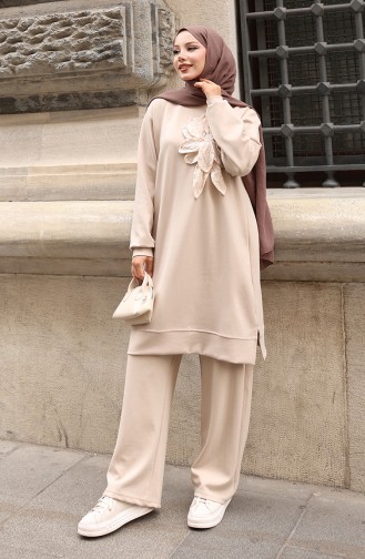 Oysho Fabric Flower Appliqued Hijab Two Piece Suit 0214-01 Beige 0214-01