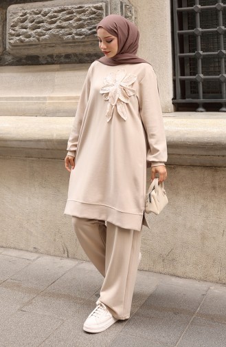 Oysho Fabric Flower Appliqued Hijab Two Piece Suit 0214-01 Beige 0214-01