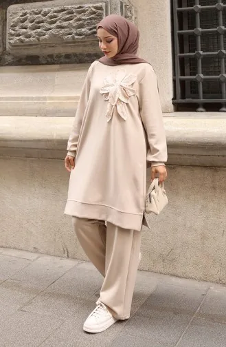 Oysho Fabric Flower Appliqued Hijab Two Piece Suit 0214-01 Beige 0214-01