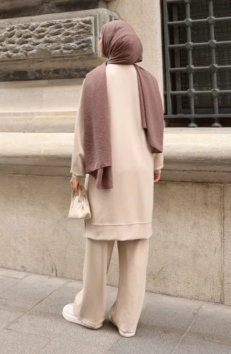 Oysho Fabric Flower Appliqued Hijab Two Piece Suit 0214-01 Beige 0214-01