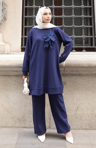 Oysho Fabric Flower Appliqued Hijab Two Piece Suit 0214-02 Navy Blue 0214-02