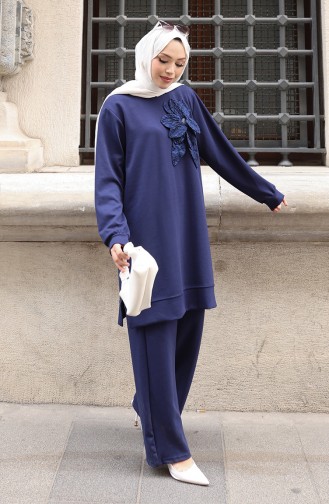 Oysho Fabric Flower Appliqued Hijab Two Piece Suit 0214-02 Navy Blue 0214-02