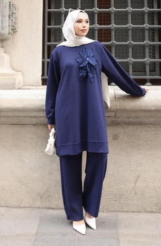 Oysho Stoffen Bloemenapplicatie Hijab Tweedelig Pak 0214-02 Marineblauw 0214-02